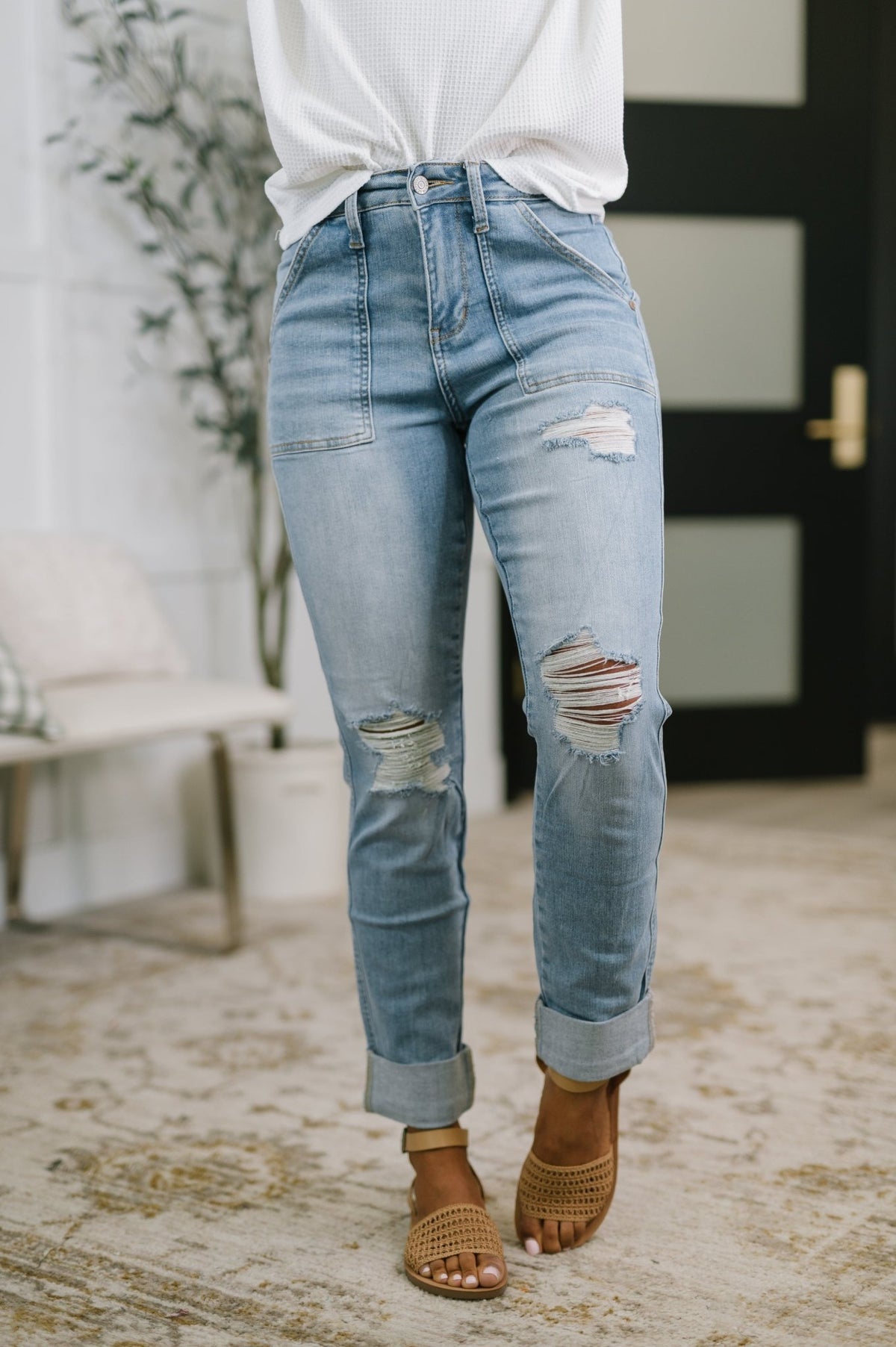Aiden High Rise Patch Pocket Distressed Boyfriend Jeans - Desert Sunday