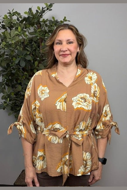 Autumn Bloom Tie-Waist Blouse - Desert Sunday