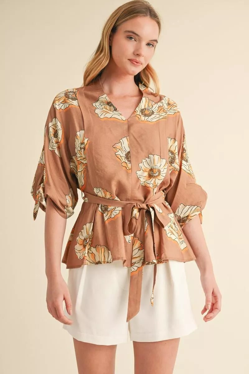 Autumn Bloom Tie-Waist Blouse - Desert Sunday