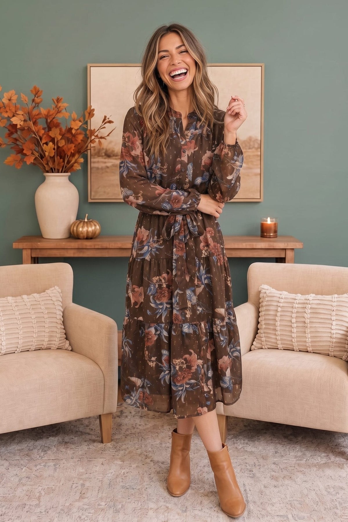 Autumn Garden Floral Midi Dress - Desert Sunday