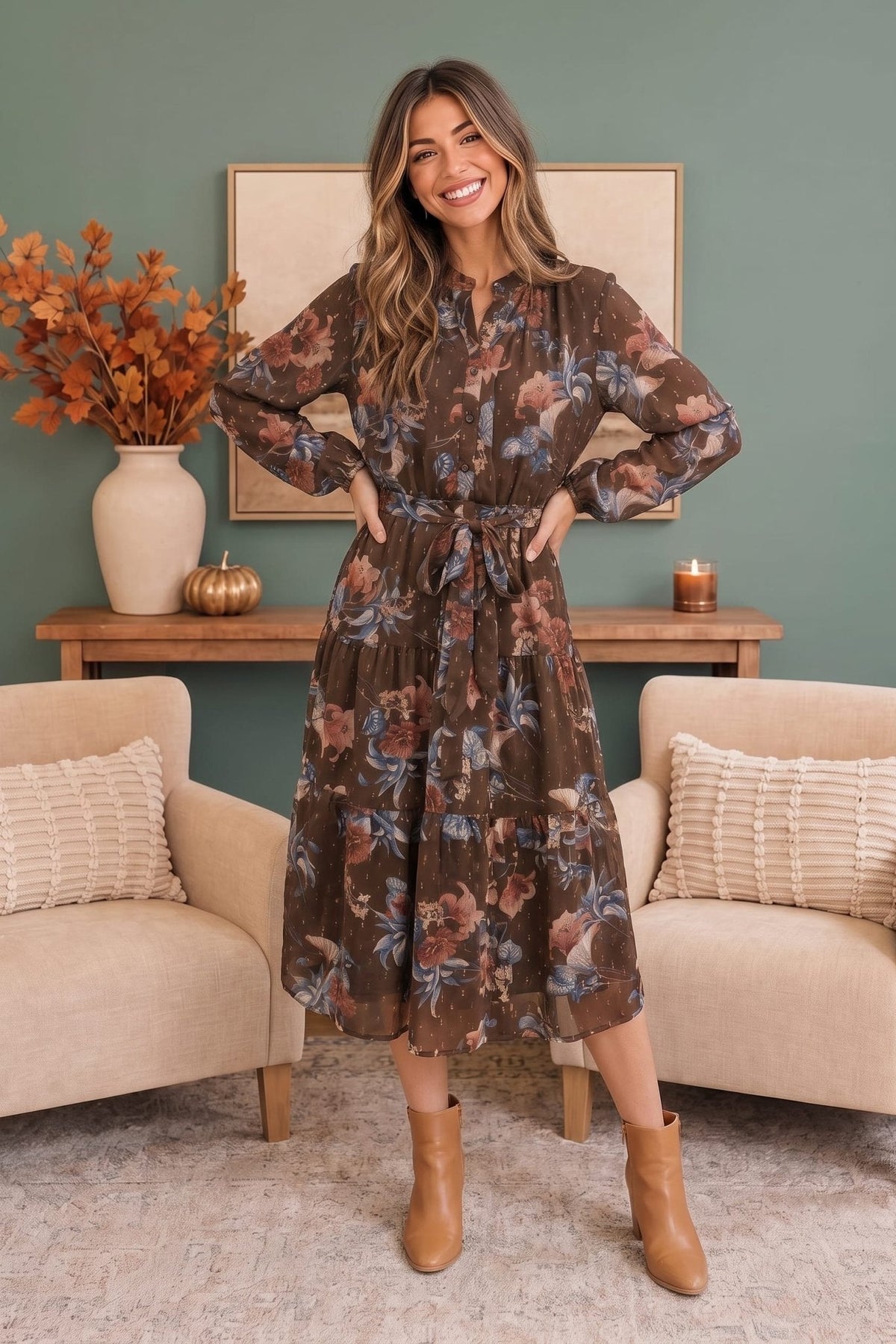 Autumn Garden Floral Midi Dress - Desert Sunday