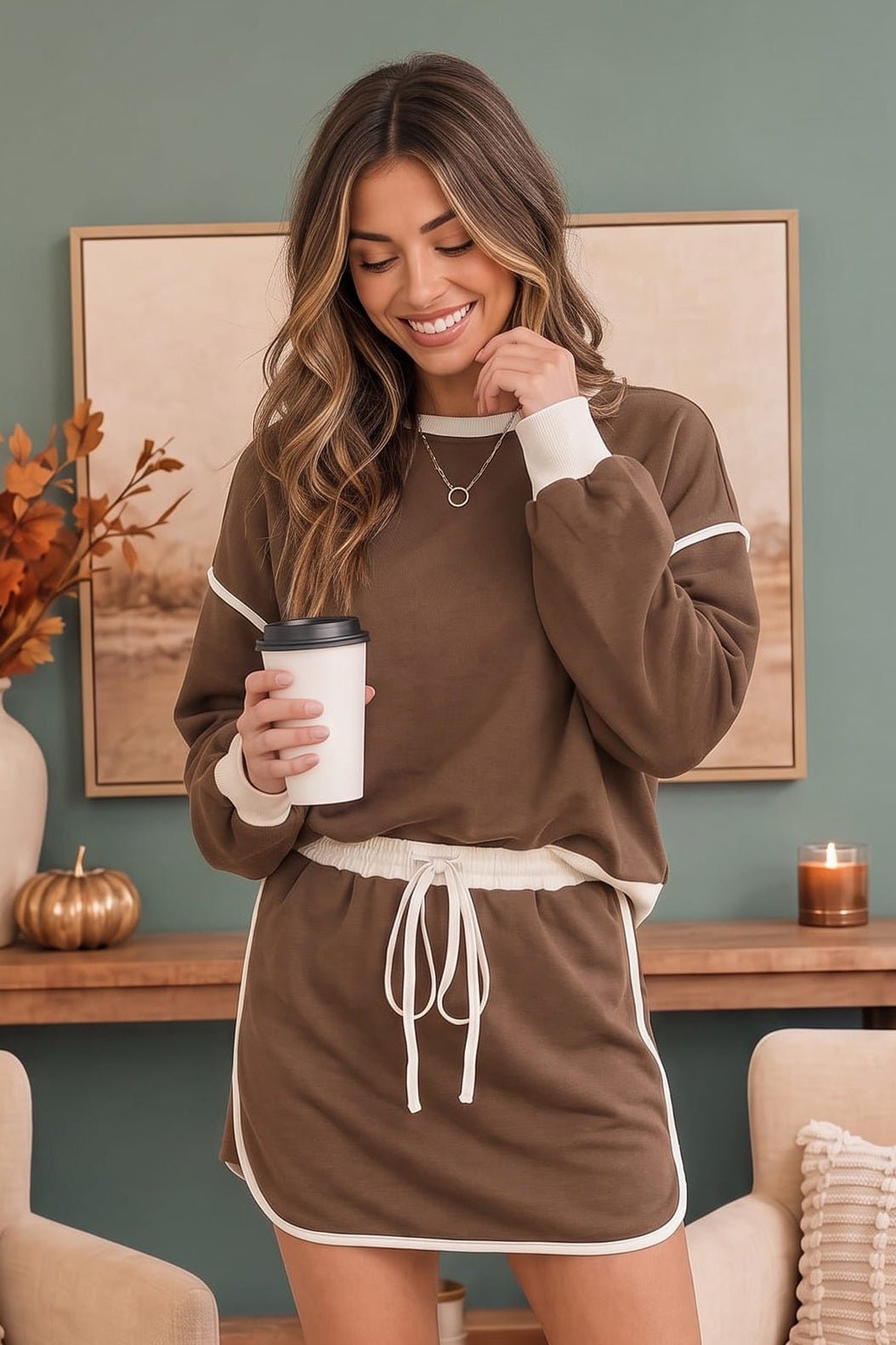 Coffee Run Mocha Sweatshirt and Mini Skort Set - Desert Sunday