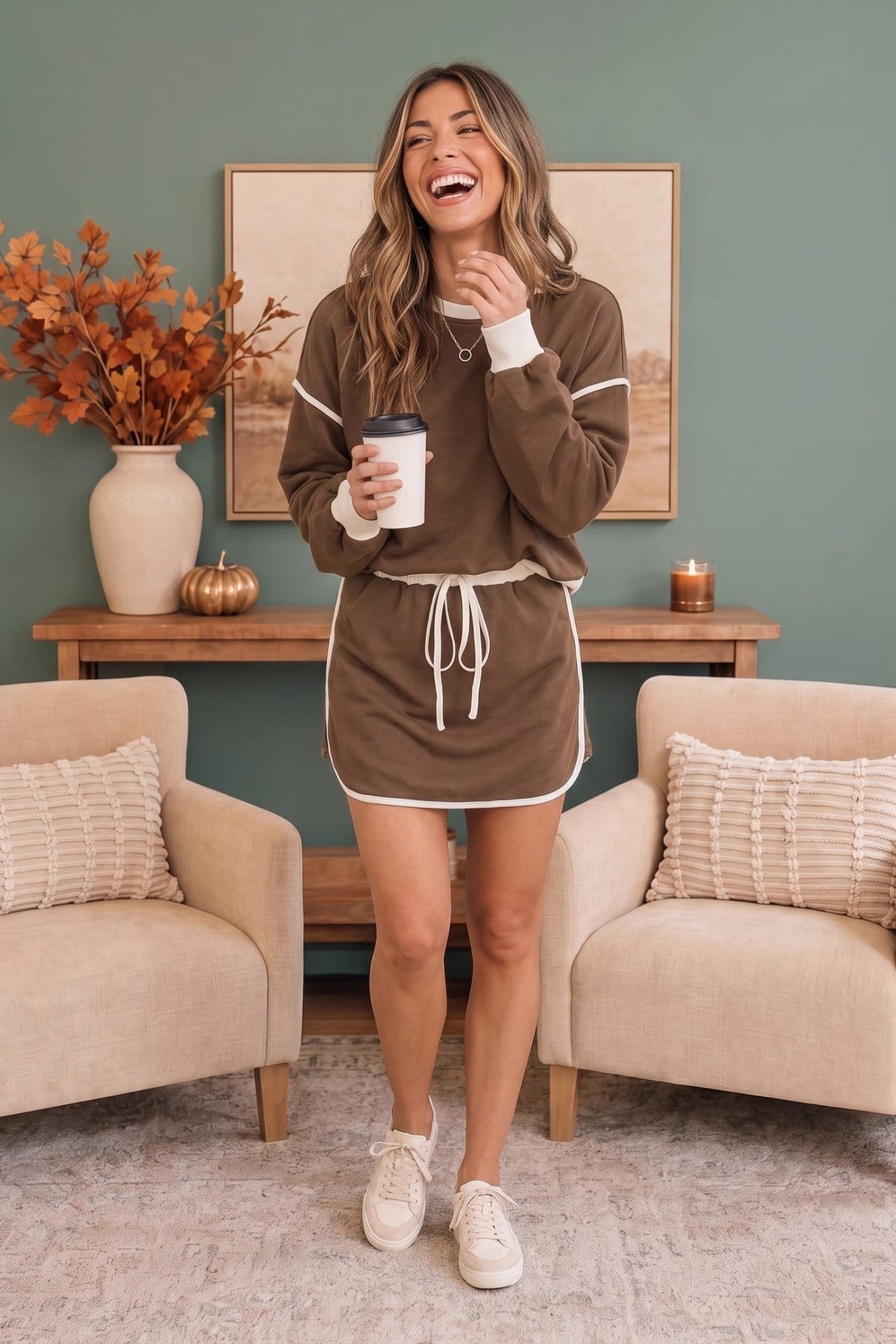 Coffee Run Mocha Sweatshirt and Mini Skort Set - Desert Sunday