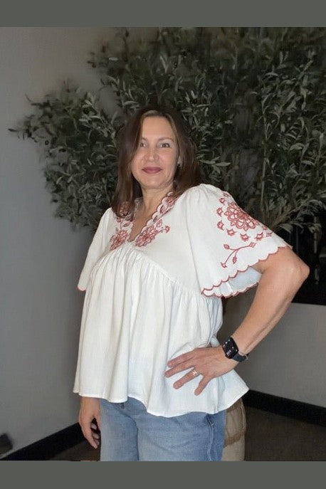 Coral Meadow Embroidered Blouse - Desert Sunday