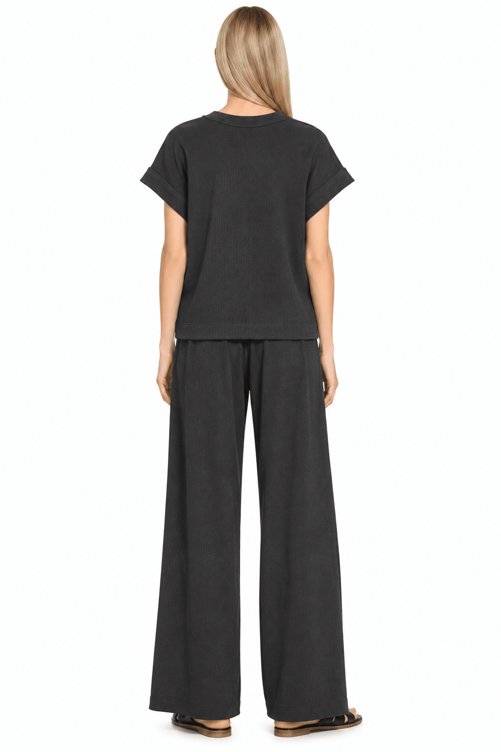 Cotton Slub Ribbed Tee & Pants 2pc Set Zenana In Black - Desert Sunday