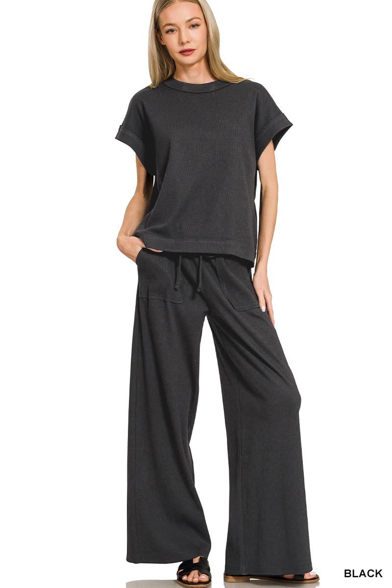 Cotton Slub Ribbed Tee & Pants 2pc Set Zenana In Black - Desert Sunday