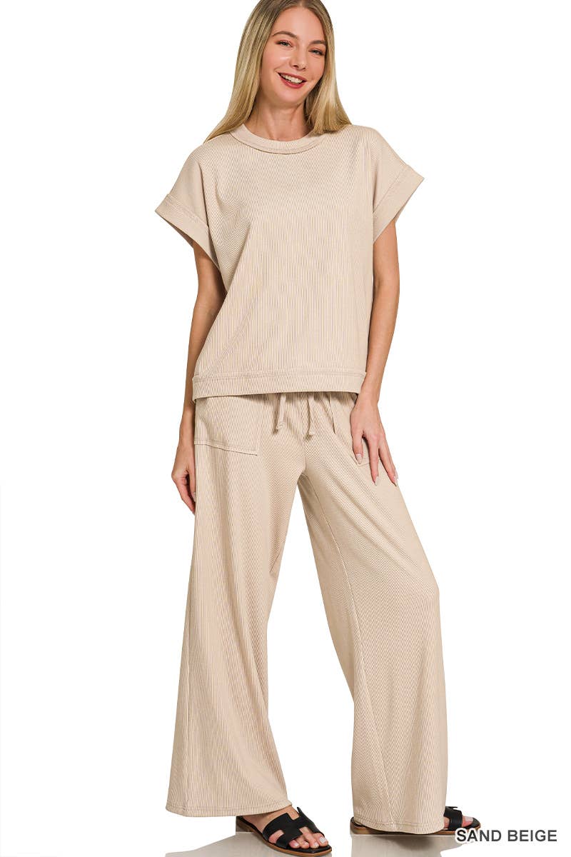 Cotton Slub Ribbed Tee & Pants 2pc Set Zenana In Sand Beige - Desert Sunday