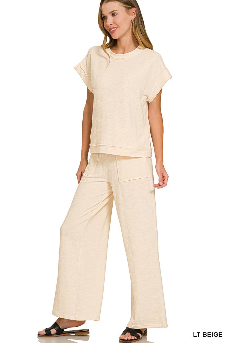 Cotton Slub Ribbed Tee & Pants 2pc Set Zenana In Sand Beige - Desert Sunday