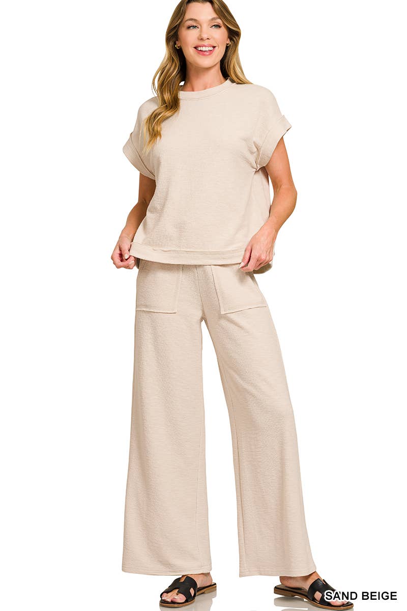 Cotton Slub Ribbed Tee & Pants 2pc Set Zenana In Sand Beige - Desert Sunday