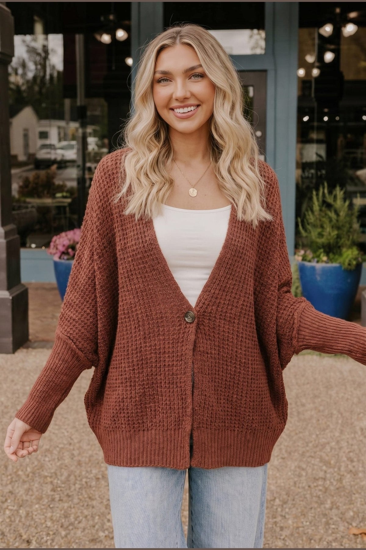 Cozy Button Front Waffle Knit Cardigan in Rust - Desert Sunday