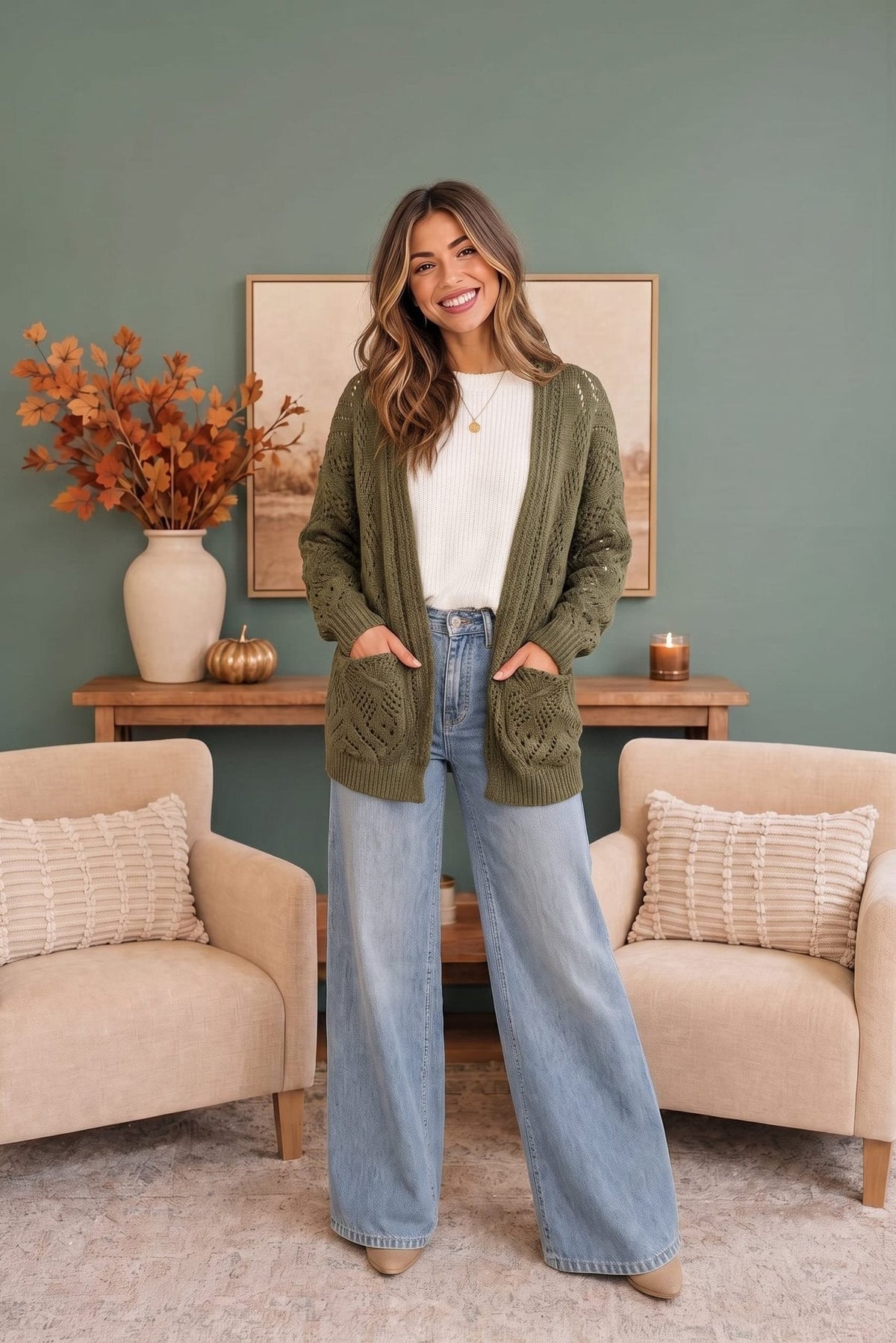 Cozy Days Open Knit Cardigan in Olive - Desert Sunday