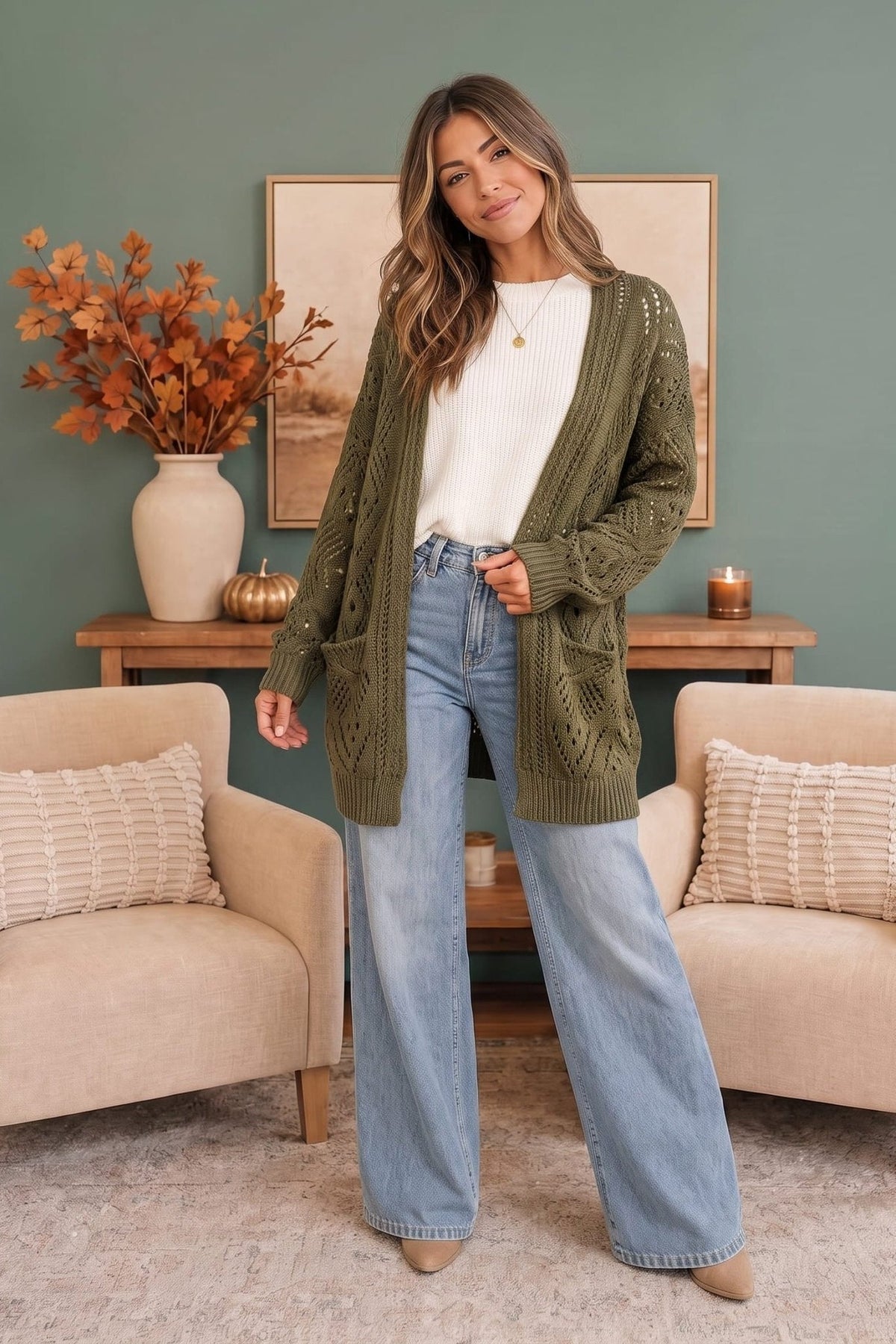 Cozy Days Open Knit Cardigan in Olive - Desert Sunday