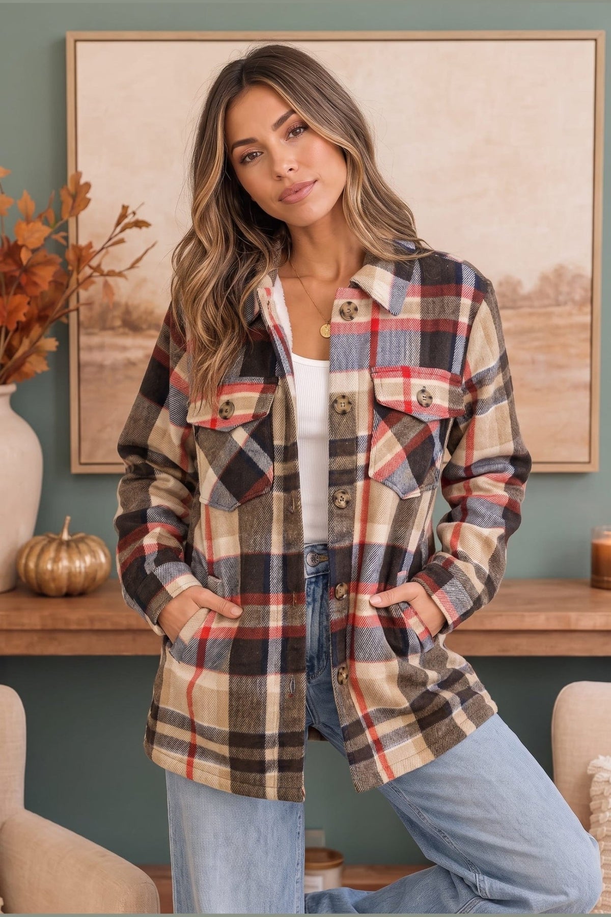 Cozy Plaid Sherpa Lined Shacket in Coffee - Desert Sunday