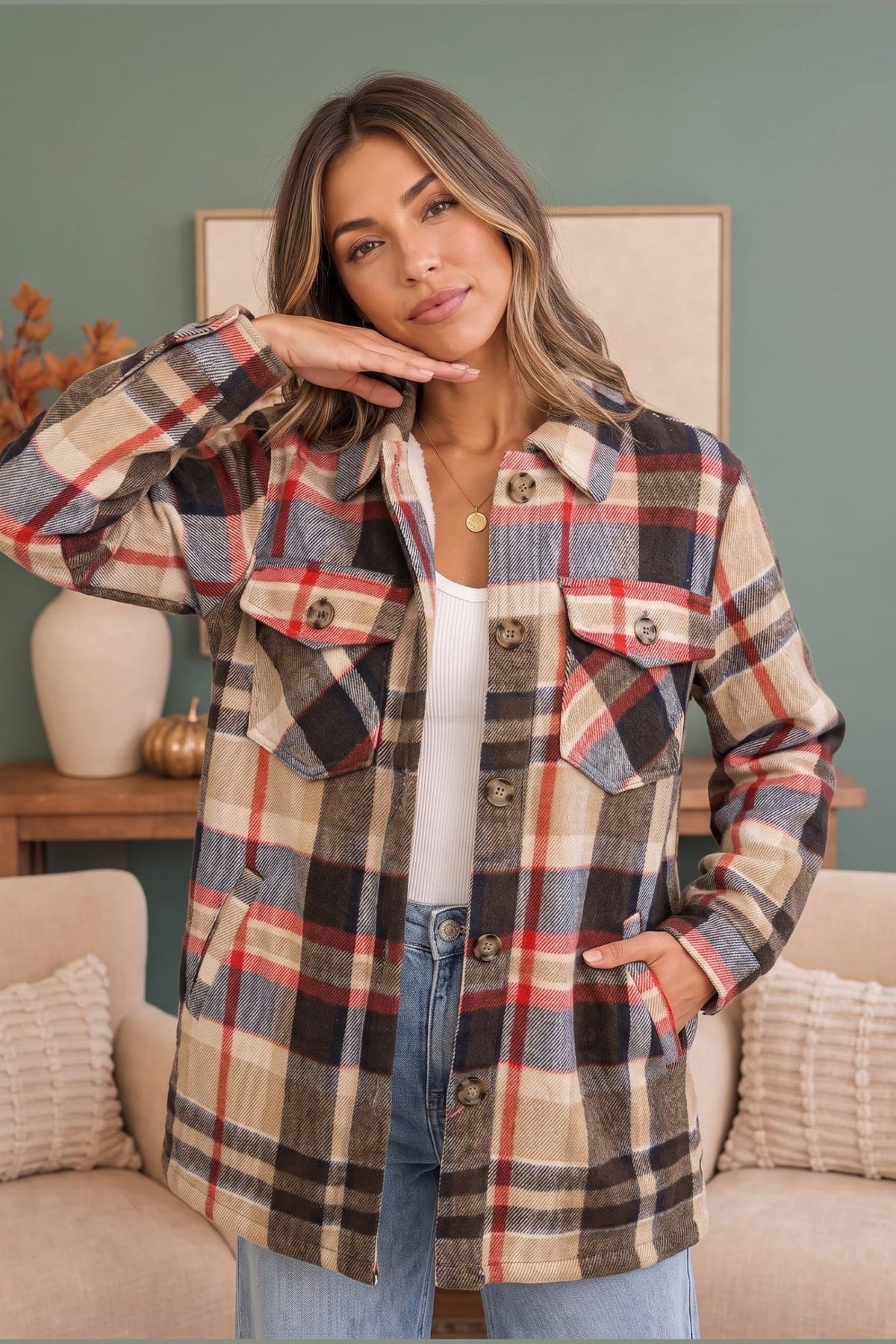 Cozy Plaid Sherpa Lined Shacket in Coffee - Desert Sunday