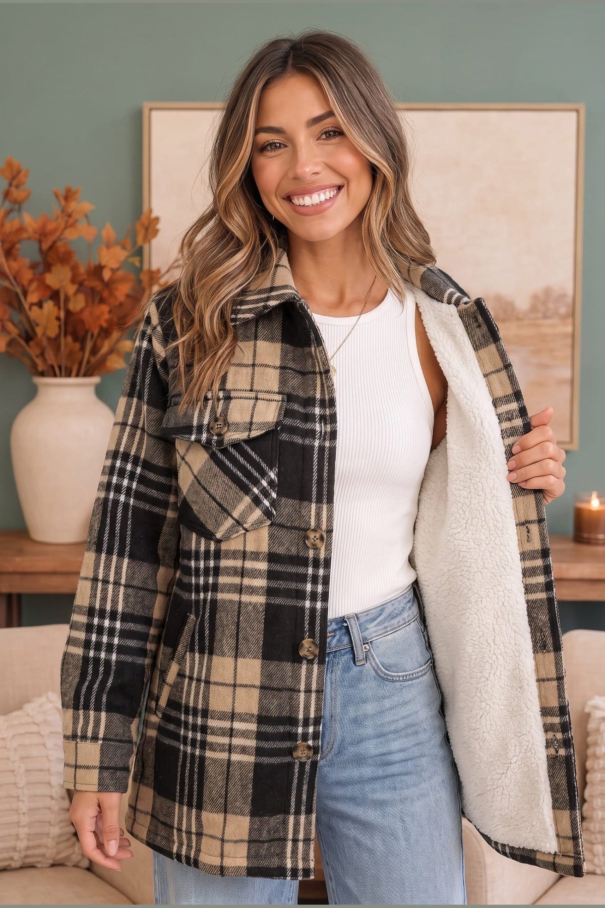 Cozy Plaid Sherpa Lined Shacket in Khaki Black - Desert Sunday