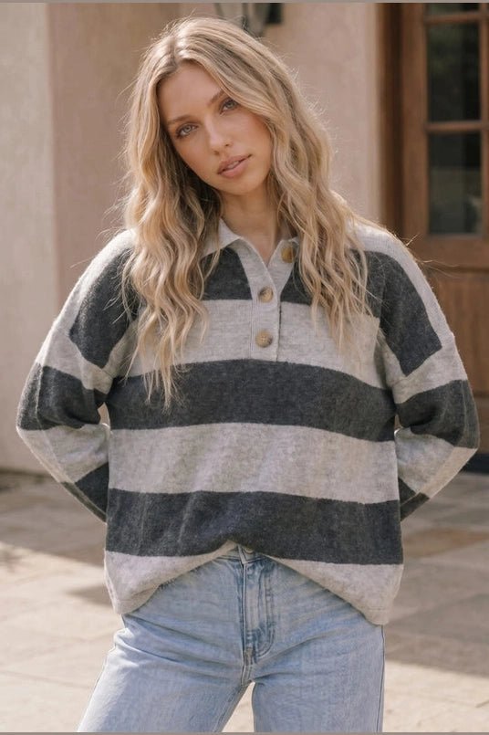 Cozy Stripe Polo Sweater in Charcoal - Desert Sunday