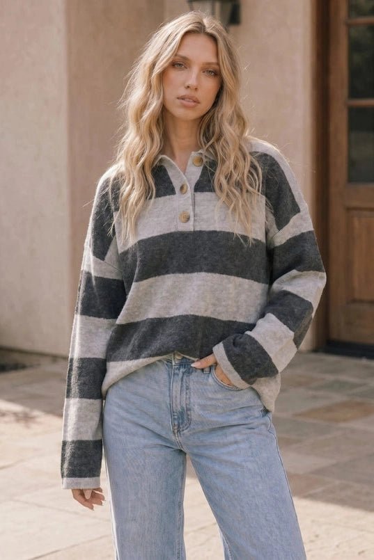 Cozy Stripe Polo Sweater in Charcoal - Desert Sunday