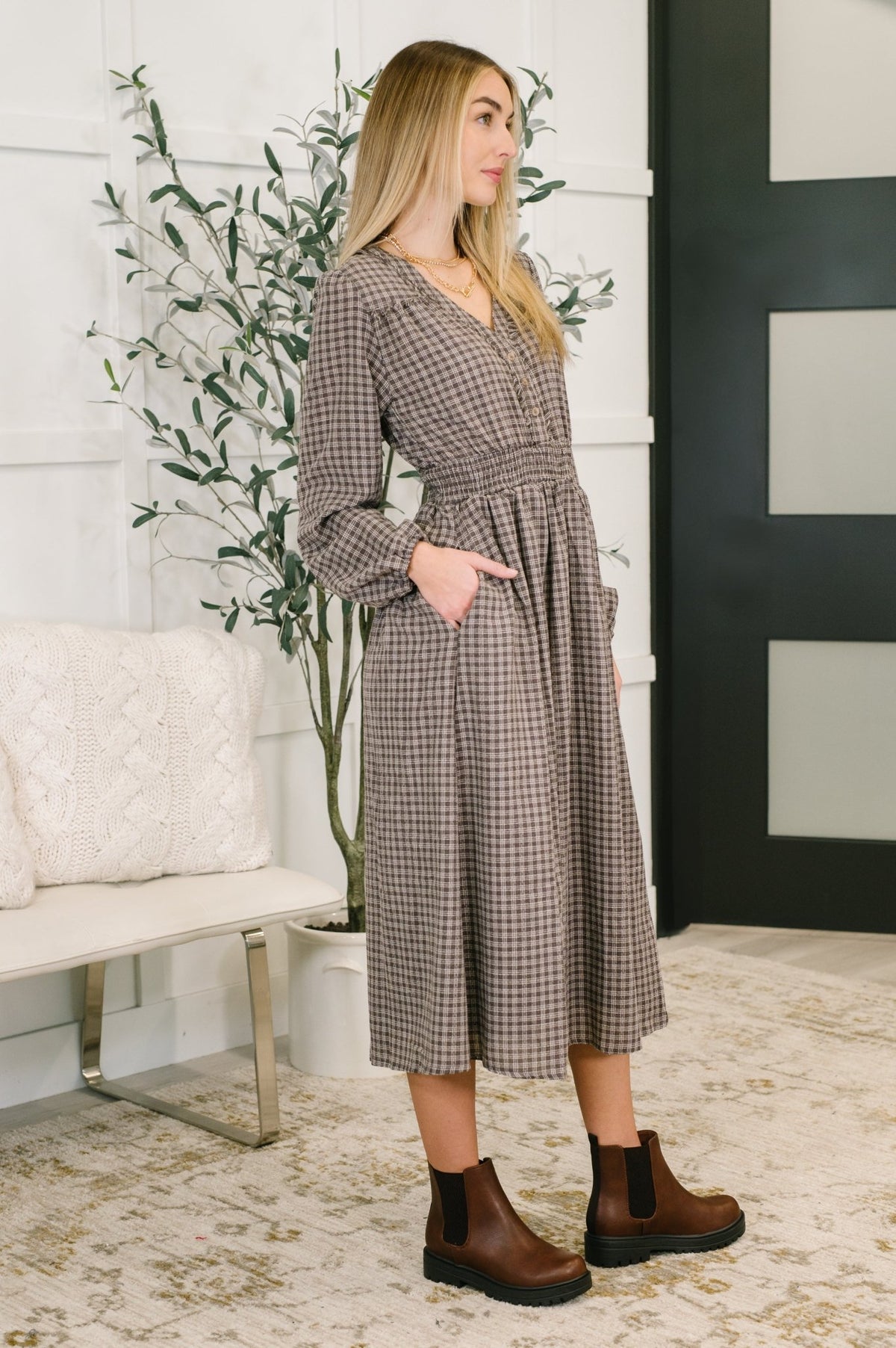 Fairytale Plot Plaid Midi Dress - Desert Sunday