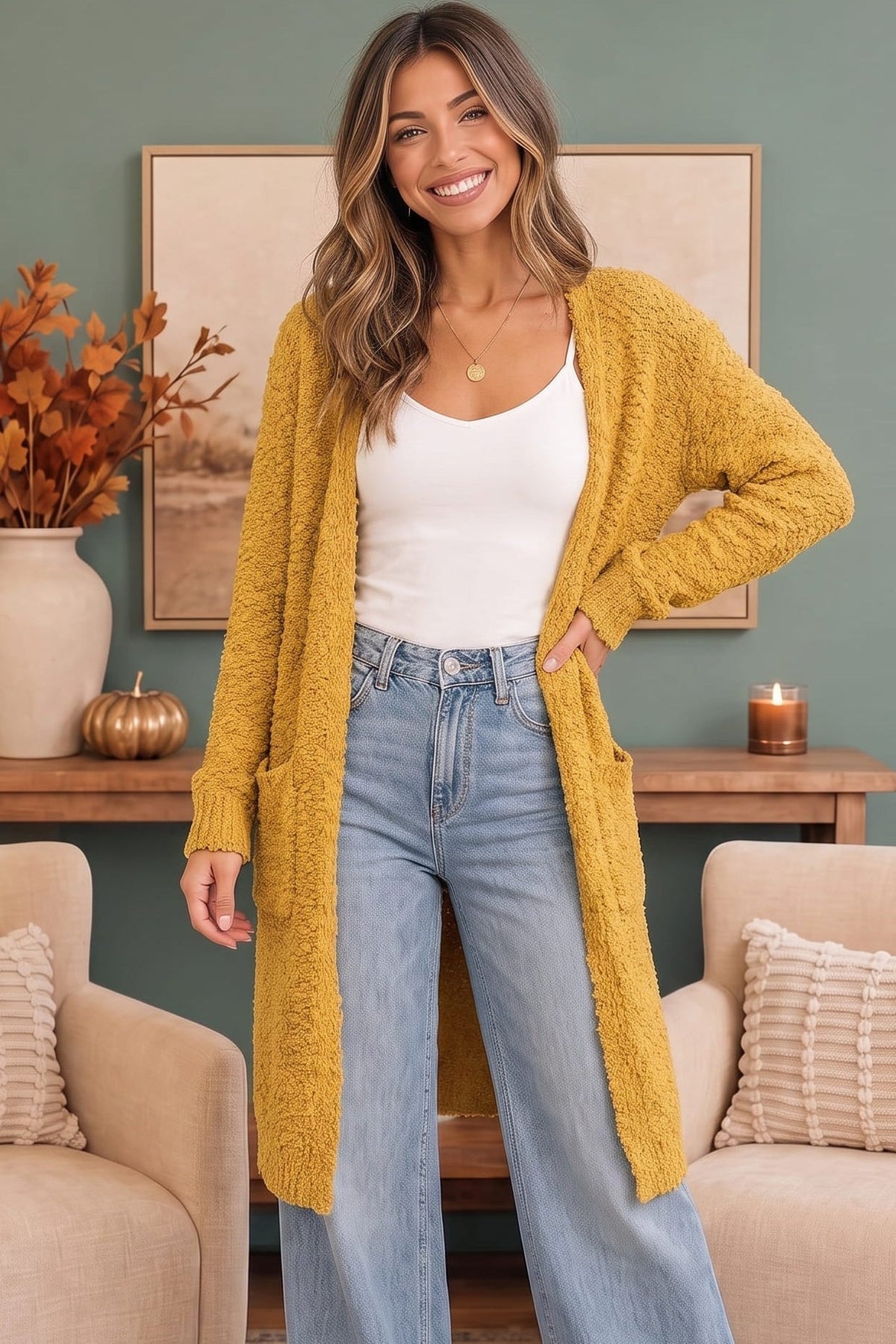 Falling For You Yellow Boucle Longline Cardigan - Desert Sunday