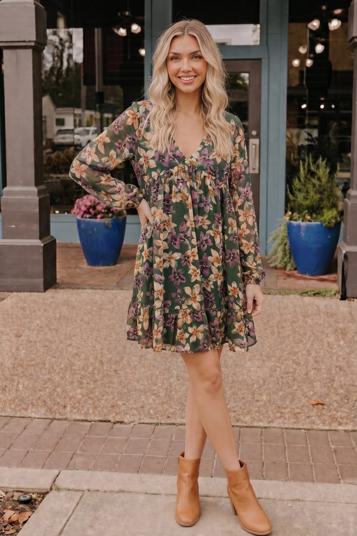 Forest Blooms Long Sleeve Mini Dress - Desert Sunday