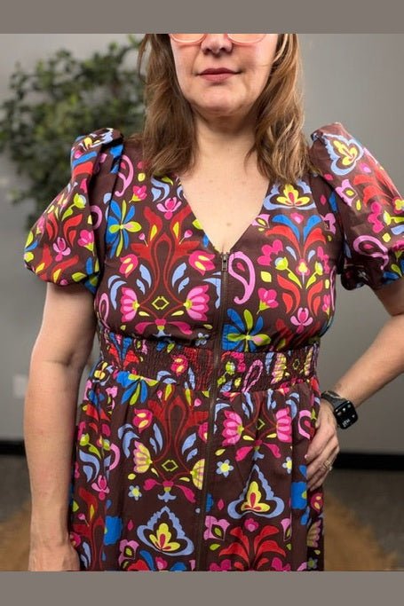 Groovy Garden Zip Front Floral Midi Dress - Desert Sunday