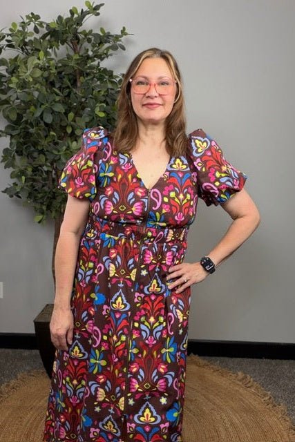 Groovy Garden Zip Front Floral Midi Dress - Desert Sunday