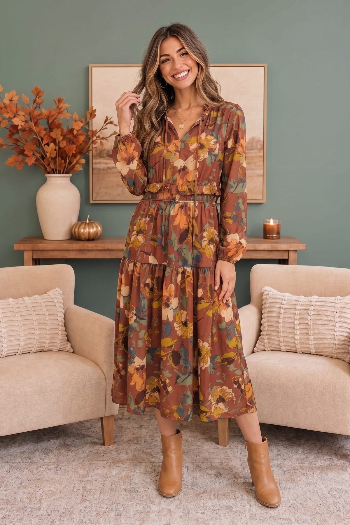 Harvest Bloom Tiered Midi Dress - Desert Sunday