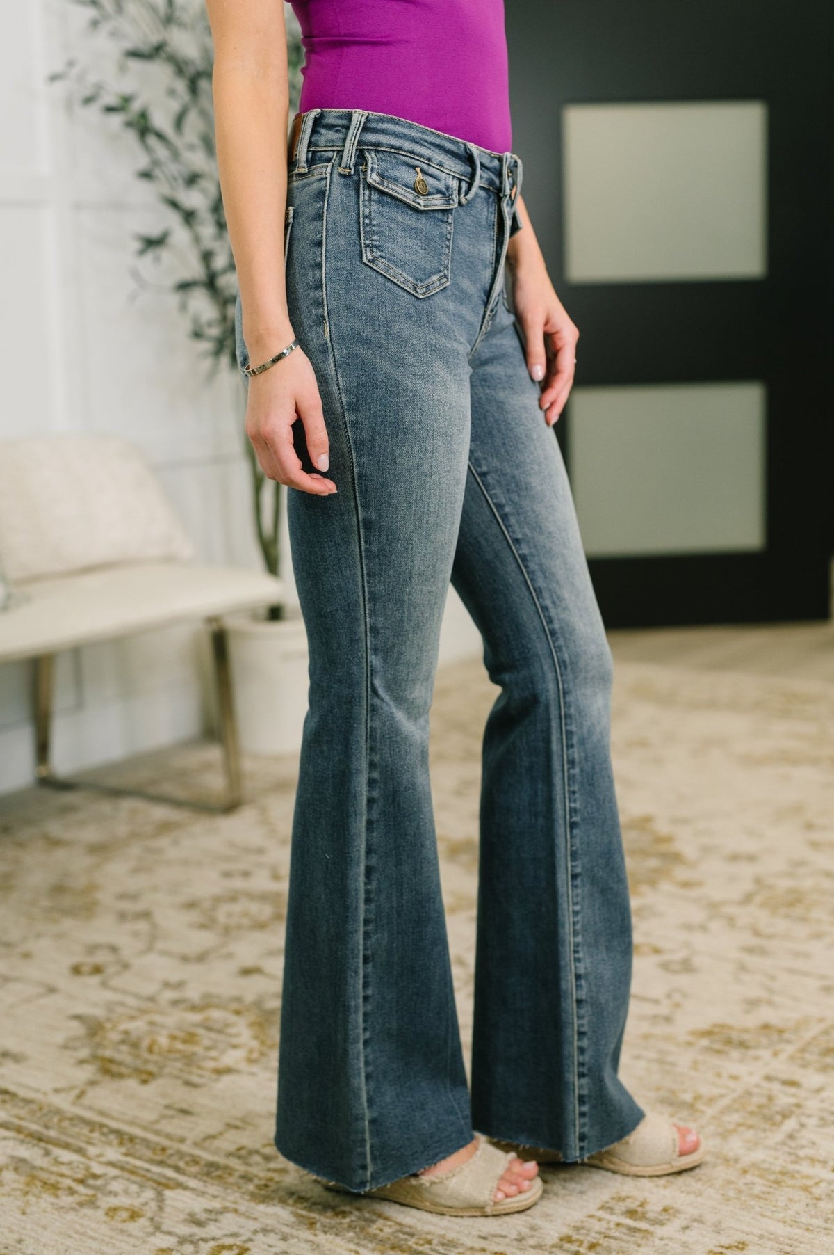 Jackie Mid Rise Flare Jean with Front Flap Pockets - Desert Sunday
