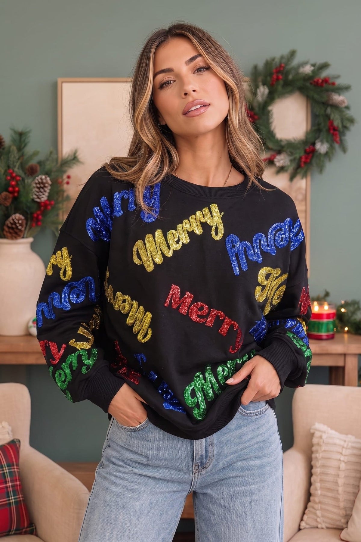 Merry Everything Glitter Sweatshirt - Desert Sunday