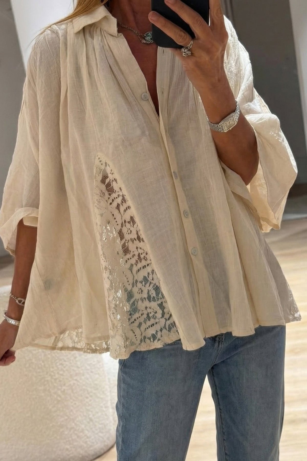 Oatmeal Lace Whisper Flowy Blouse - Desert Sunday