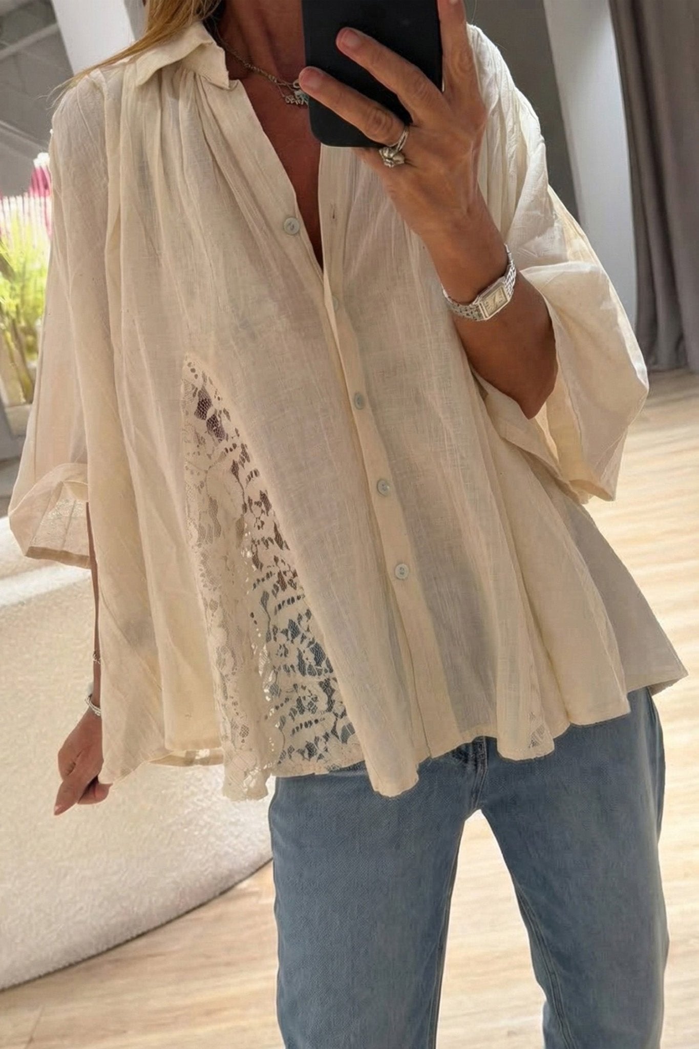 Oatmeal Lace Whisper Flowy Blouse - Desert Sunday