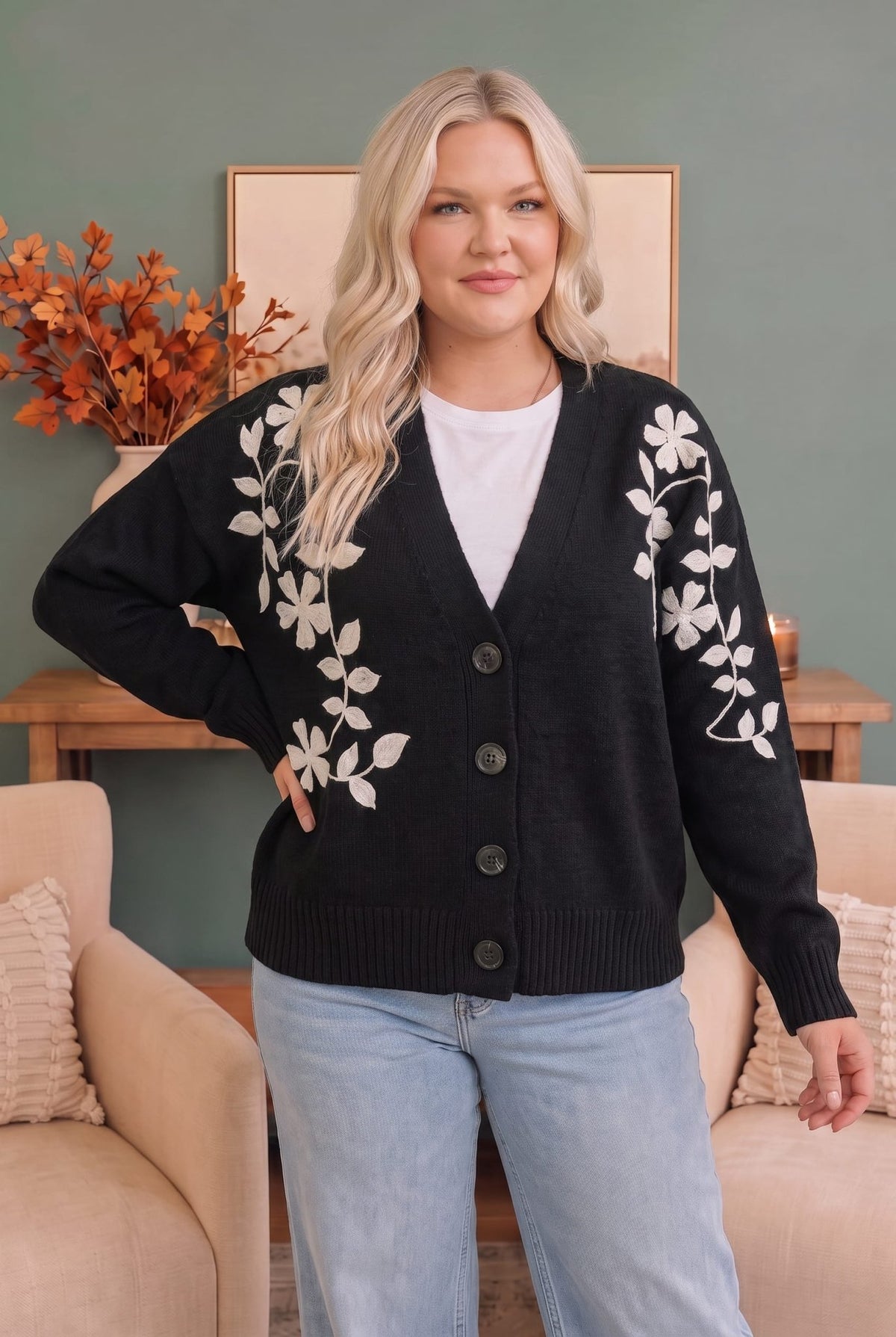 Off the Vine Black Floral Embroidered Cardigan - Desert Sunday