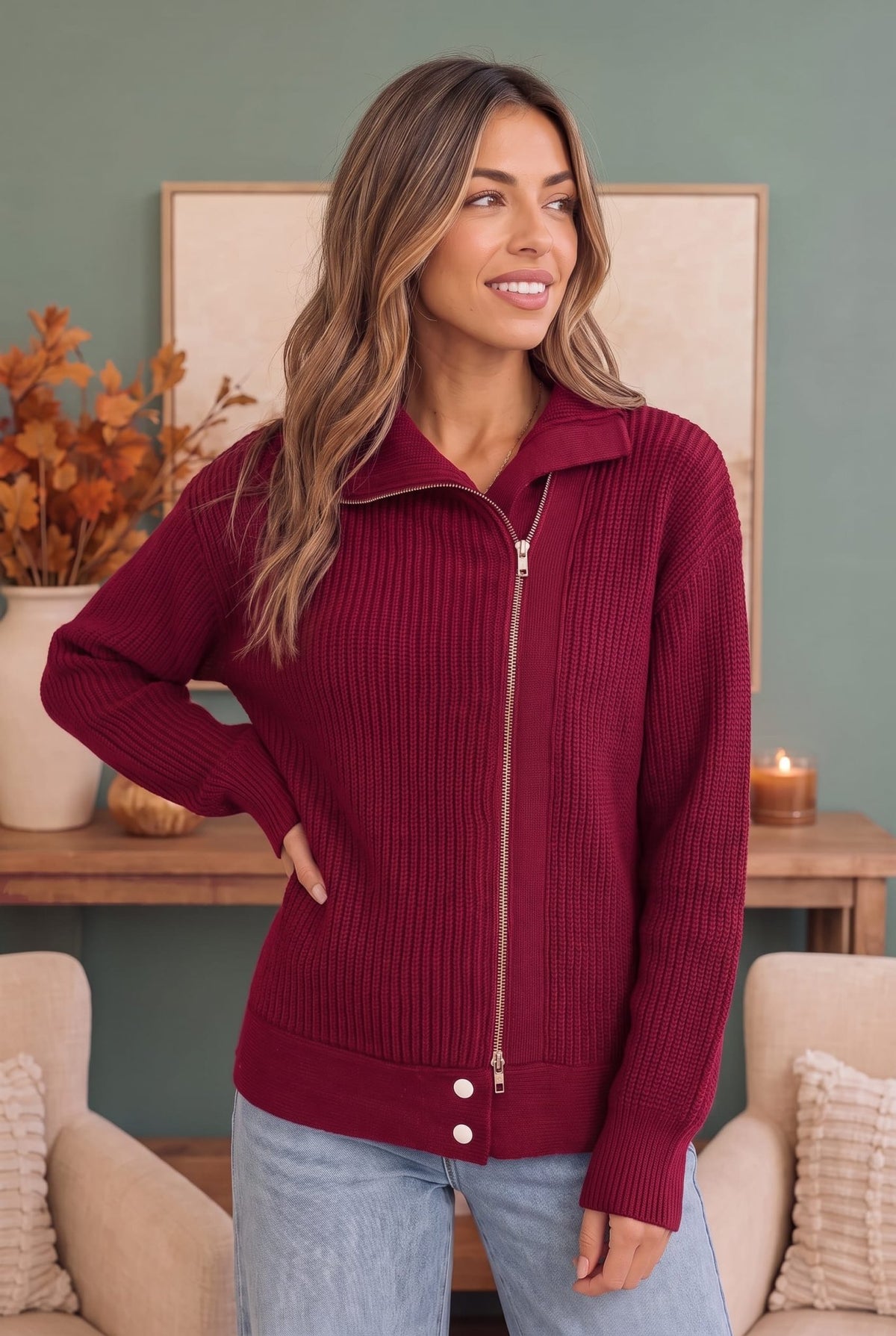 On Set Zip-Up Ribbed Sweater Jacket in Cranberry - Desert Sunday
