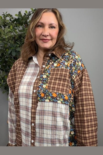Patchwork Plaid Mixed Media Button Down Shirt - Desert Sunday
