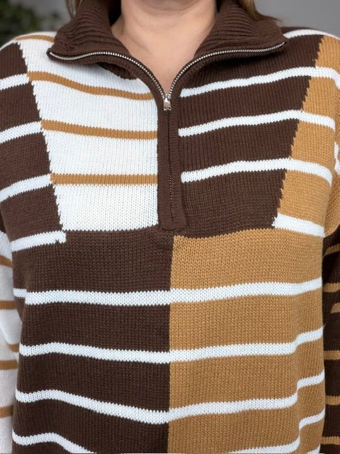 Prep School Chic Quarter Zip Sweater - Desert Sunday