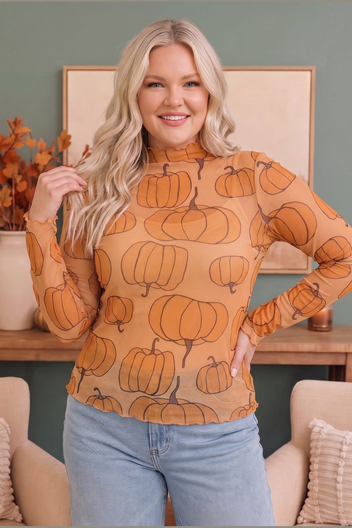 Pumpkin Patch Mesh Mock Neck Top - Desert Sunday