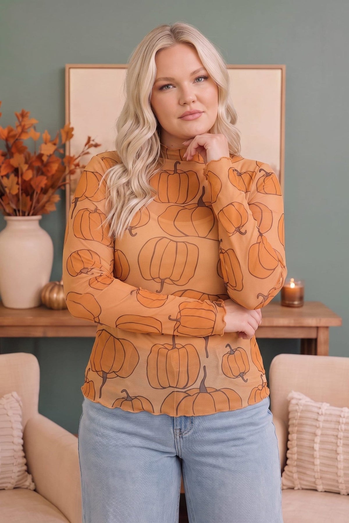 Pumpkin Patch Mesh Mock Neck Top - Desert Sunday