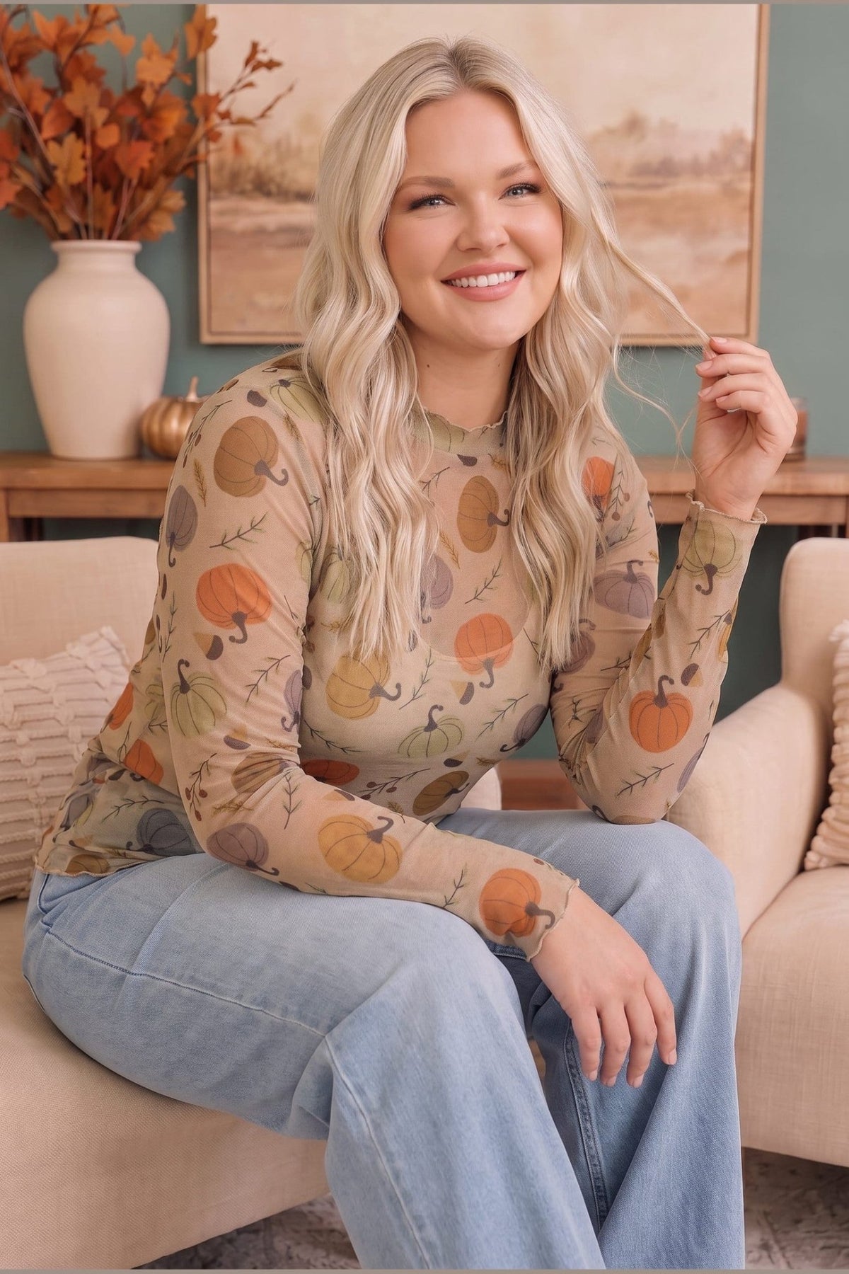 Pumpkin Patch Pretty Mesh Long Sleeve Top - Desert Sunday