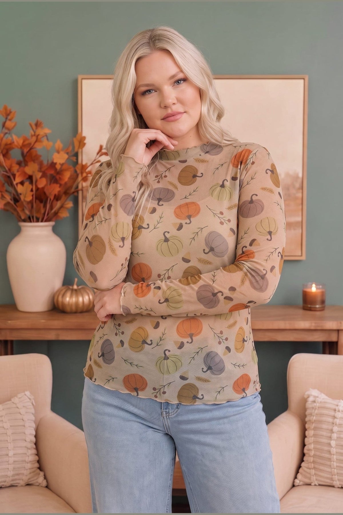 Pumpkin Patch Pretty Mesh Long Sleeve Top - Desert Sunday