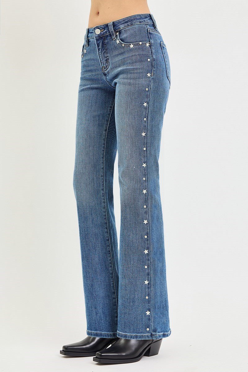 Risen Star Studded Tummy Control Bootcut Jeans - Desert Sunday