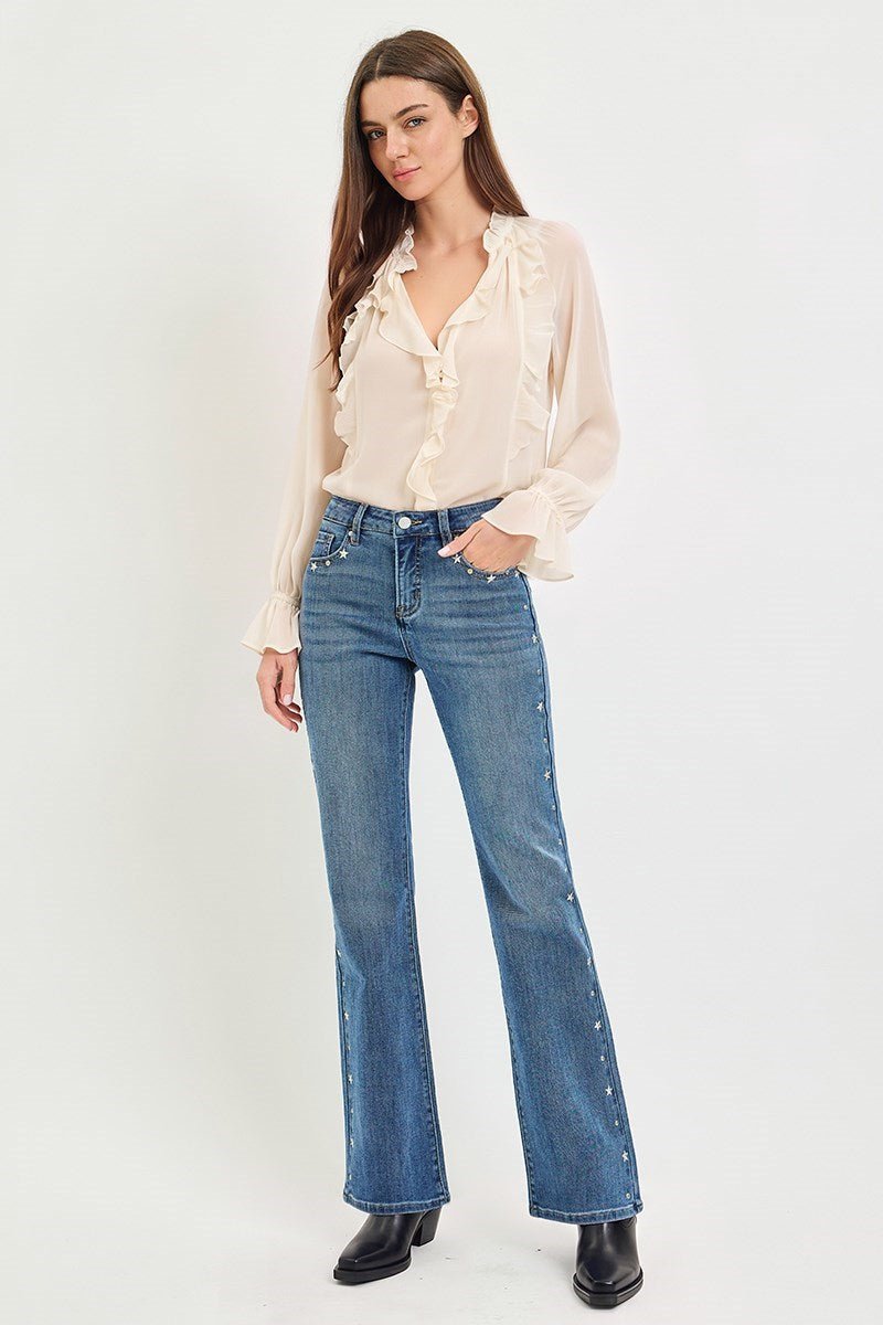 Risen Star Studded Tummy Control Bootcut Jeans - Desert Sunday
