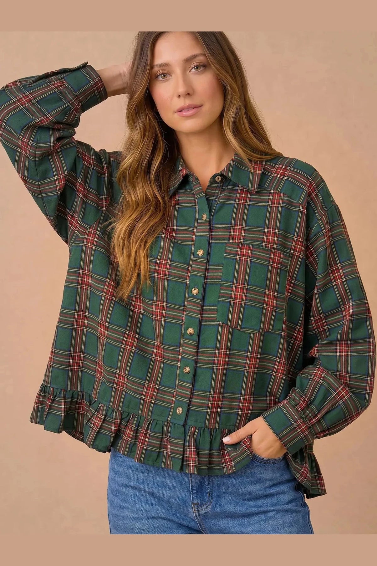 Ruffle the Rules Plaid Flannel Top in Green - Desert Sunday
