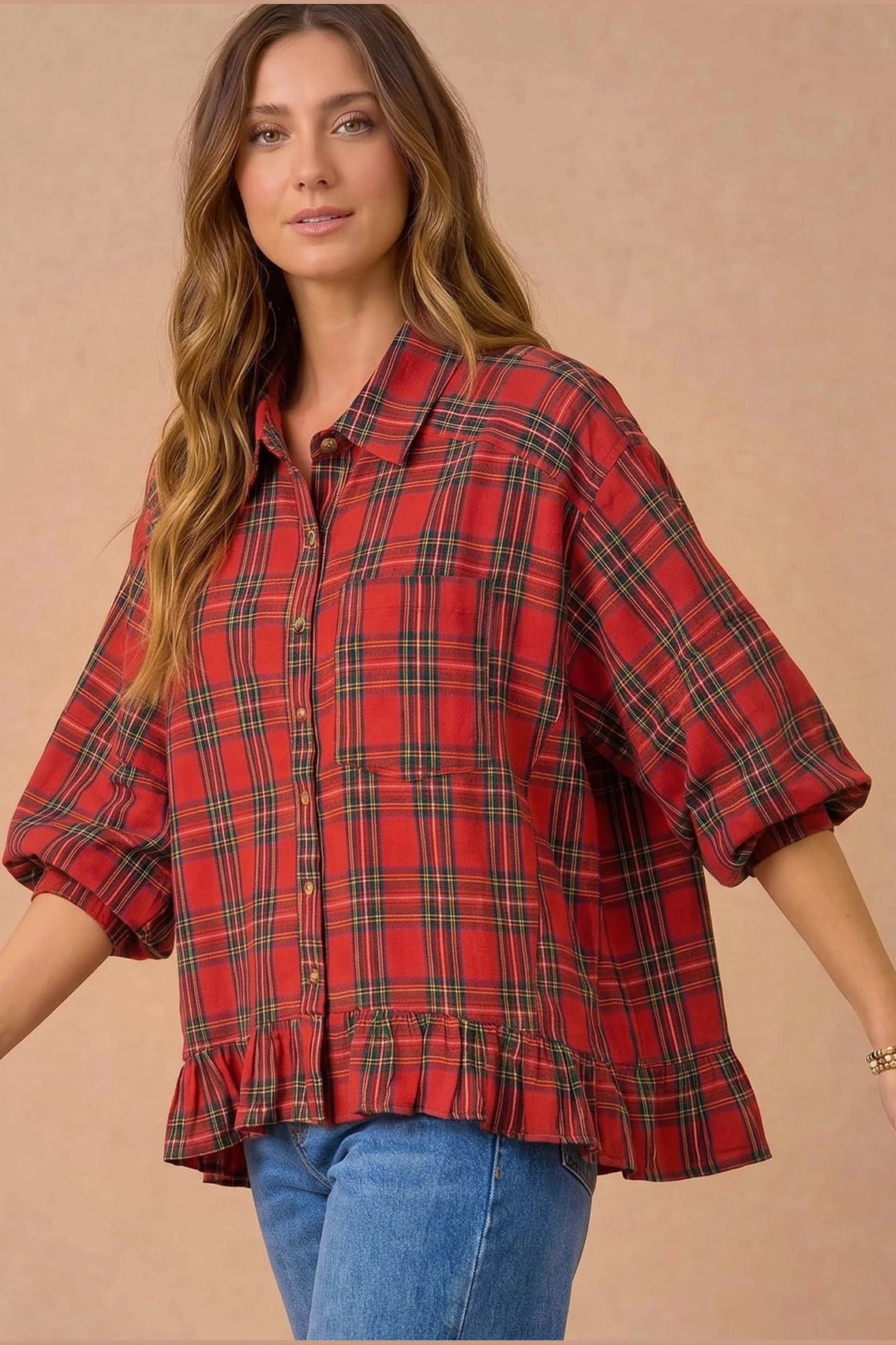 Ruffle the Rules Plaid Flannel Top in Red - Desert Sunday