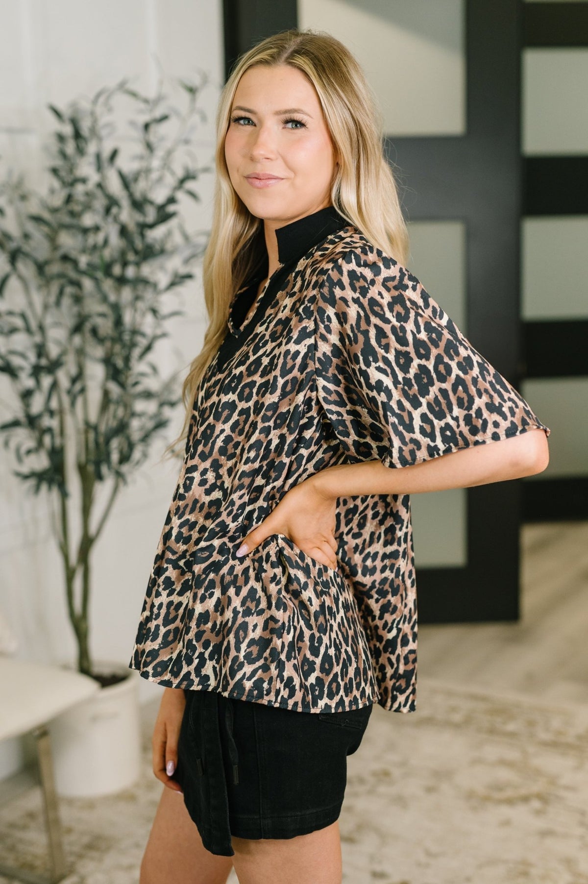 Sassy Season Split Neck Leopard Print Blouse - Desert Sunday