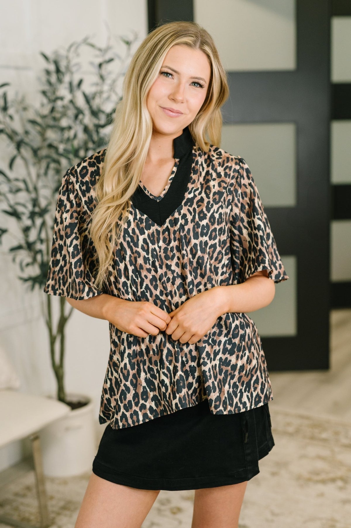 Sassy Season Split Neck Leopard Print Blouse - Desert Sunday