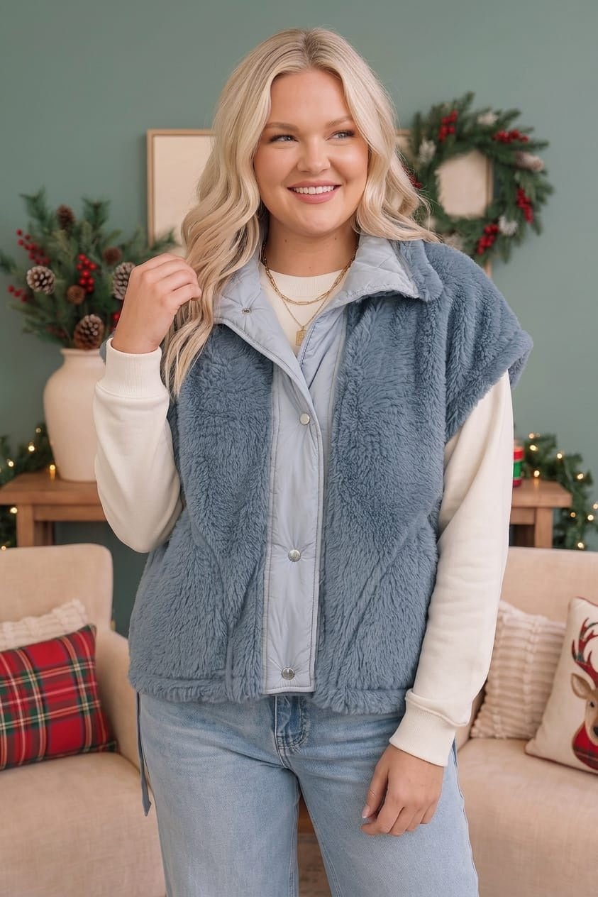 Snuggle Season Sherpa Vest in Slate - Desert Sunday