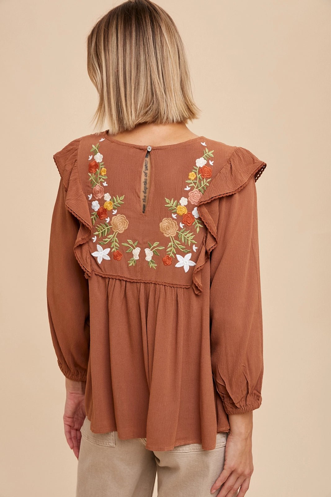 Sonoran Bloom Embroidered Blouse in Camel - Desert Sunday