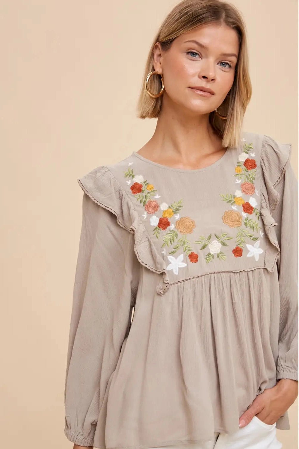 Sonoran Bloom Embroidered Blouse in Taupe - Desert Sunday