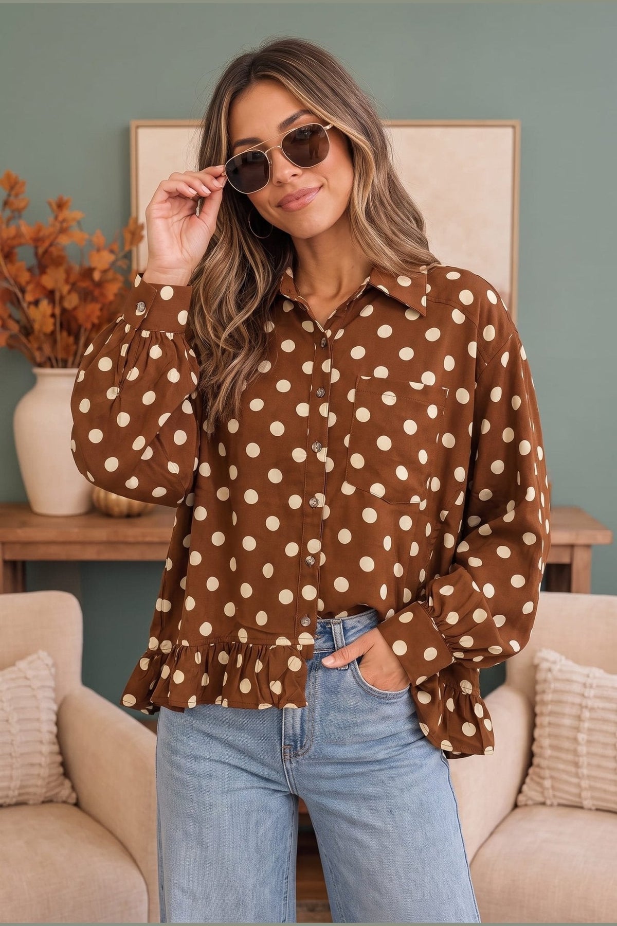 Spotted in Style Polka Dot Ruffle Blouse - Desert Sunday