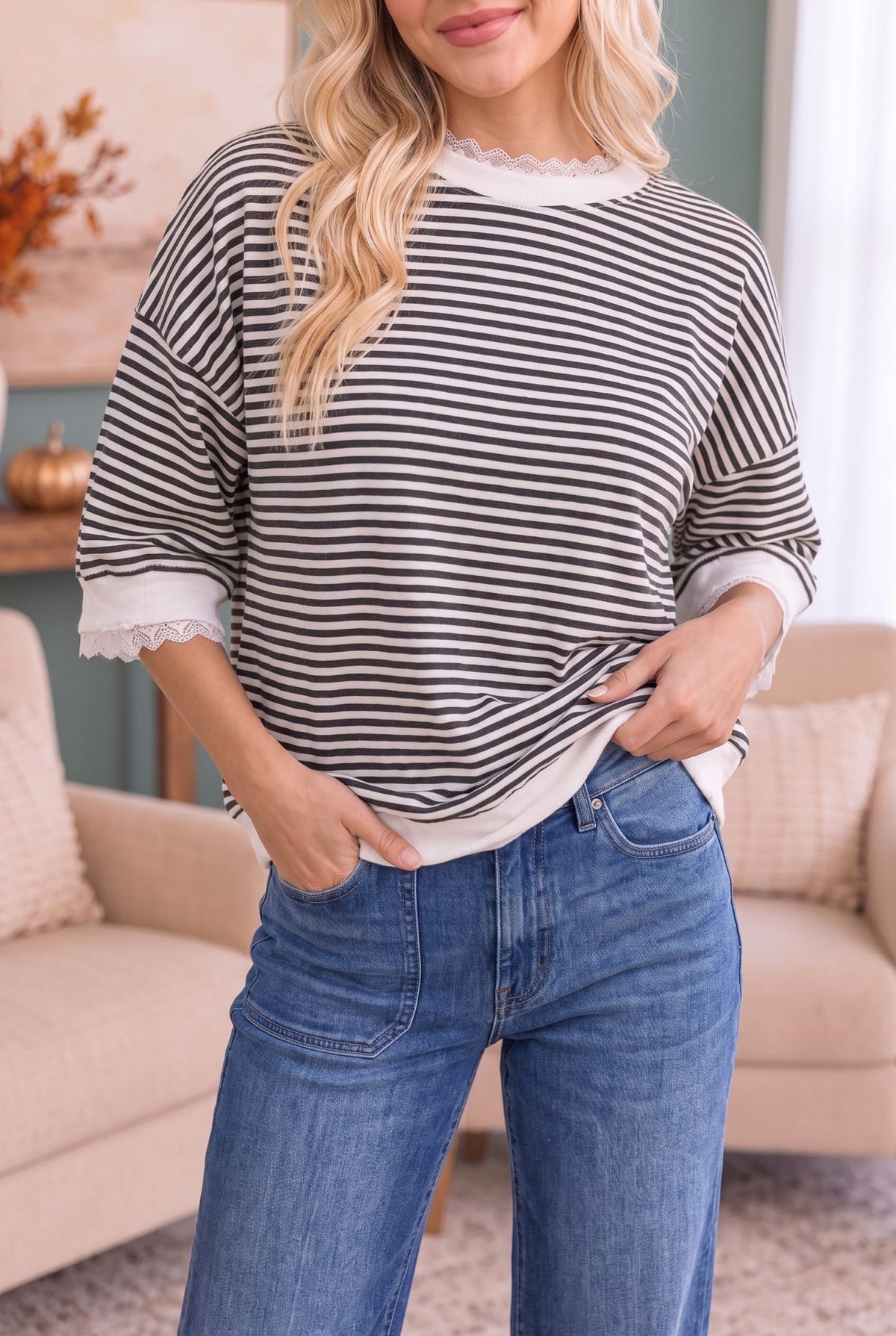 Stripe It Right Lace Trim Top - Desert Sunday